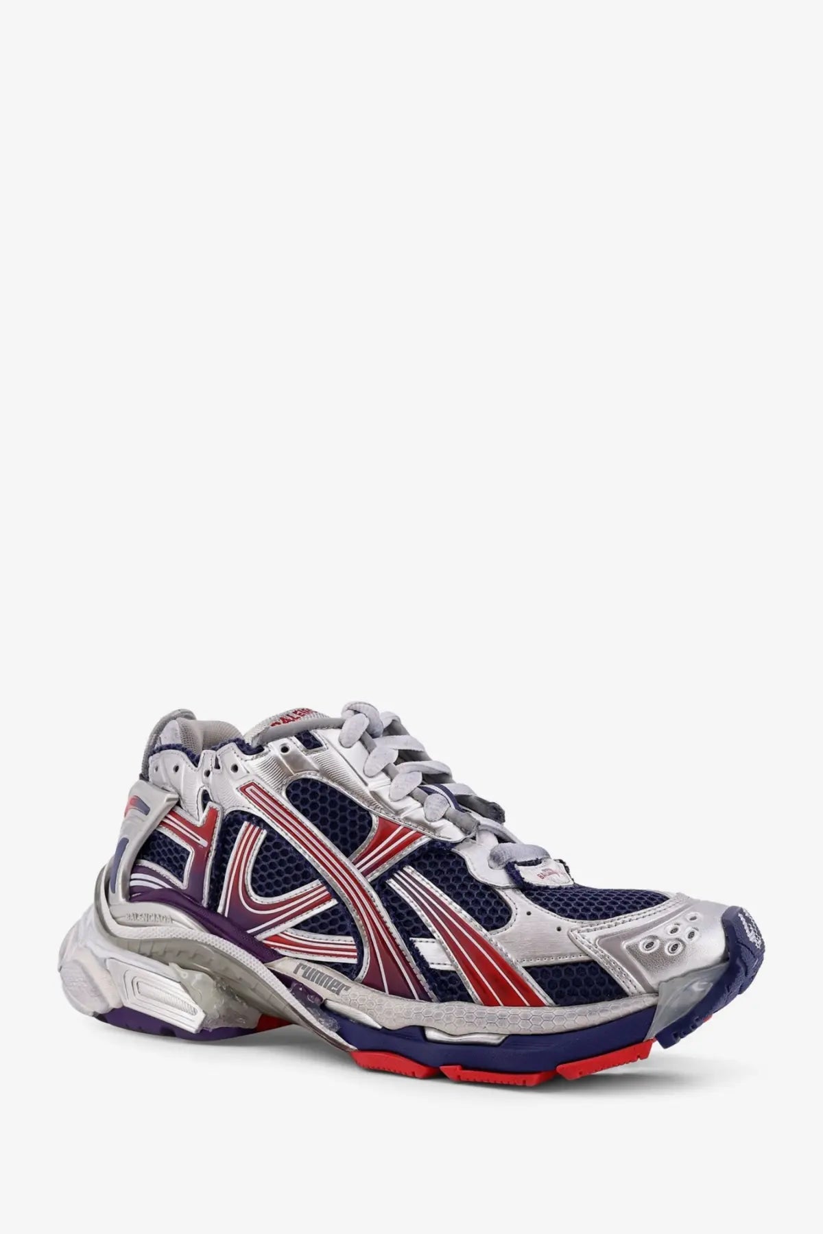 Balenciaga men’s mesh and nylon runner sneakers in silver navy blue and red with metallic accents