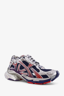 Balenciaga men’s mesh and nylon runner sneakers in silver navy blue and red with metallic accents