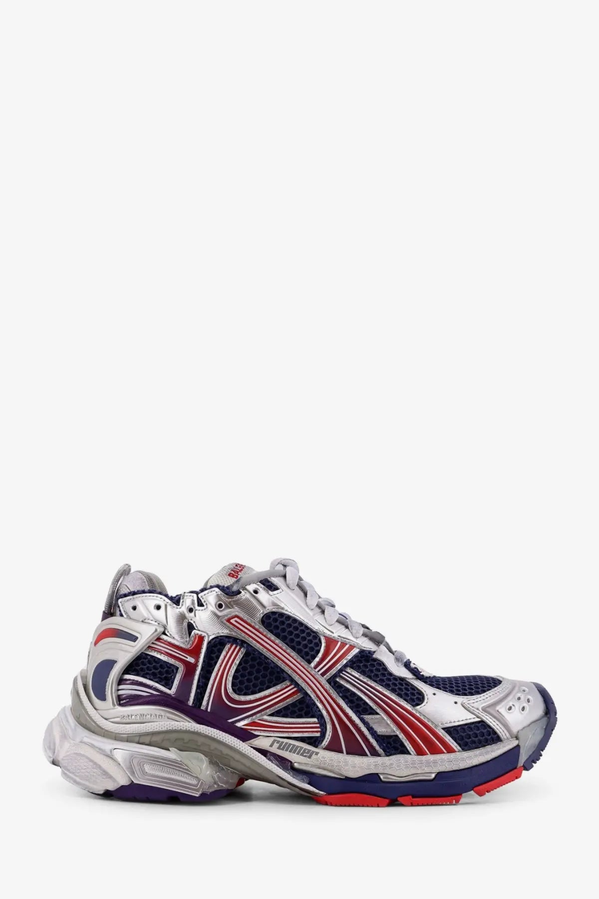 Balenciaga men’s mesh and nylon runner sneaker in silver red and navy blue with bold striped design