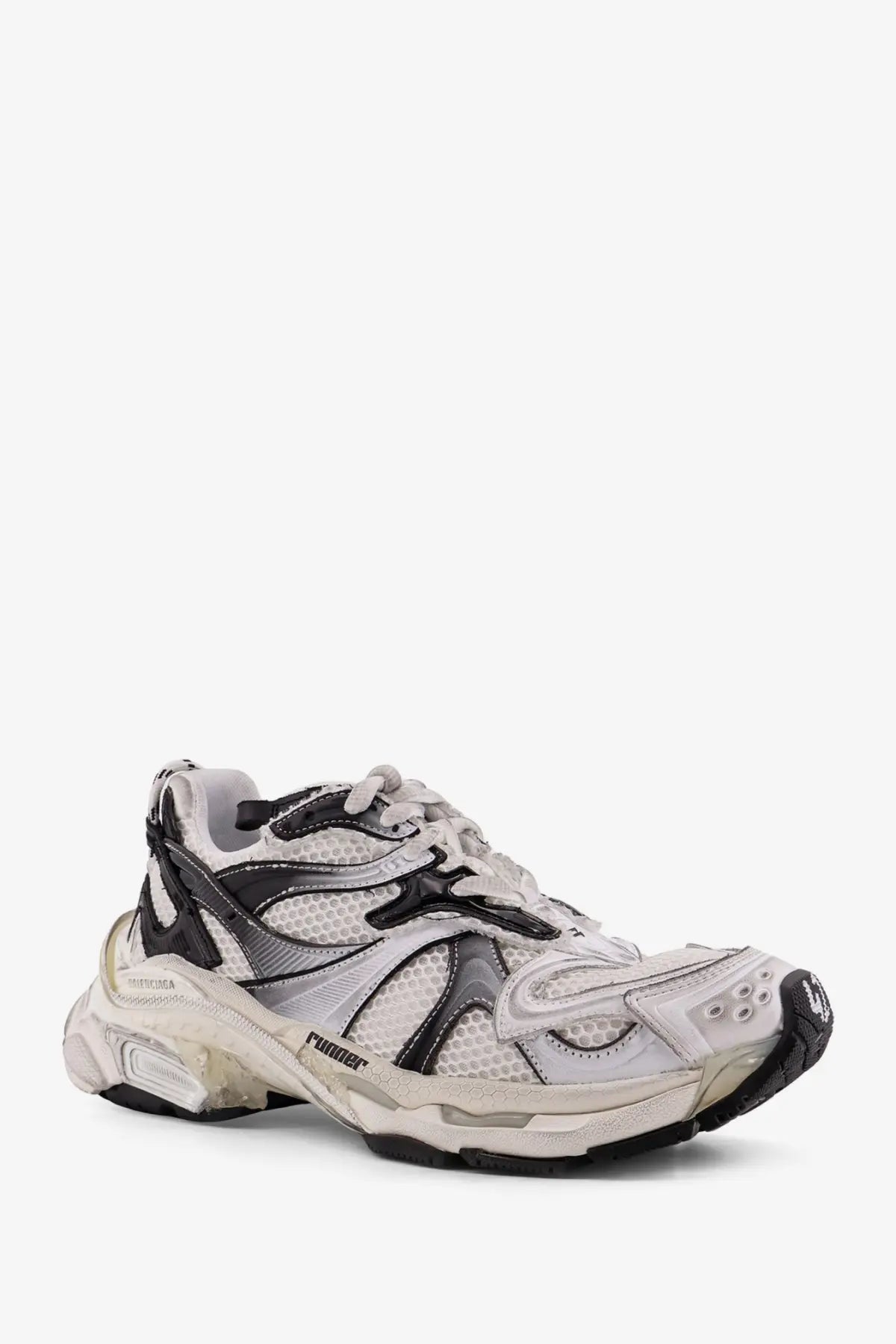 Balenciaga men’s white and black triple s sneaker with mesh rubber and translucent plastic details