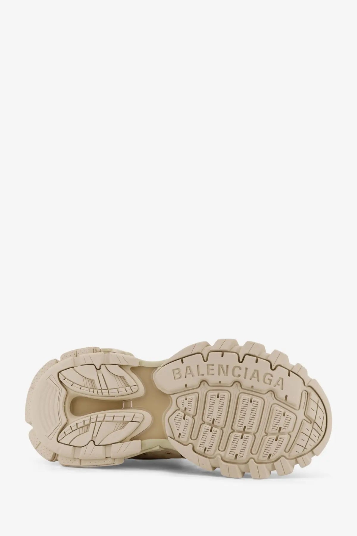 Beige balenciaga men’s mesh and nylon track sneakers with beige rubber sole and embossed logo tread pattern