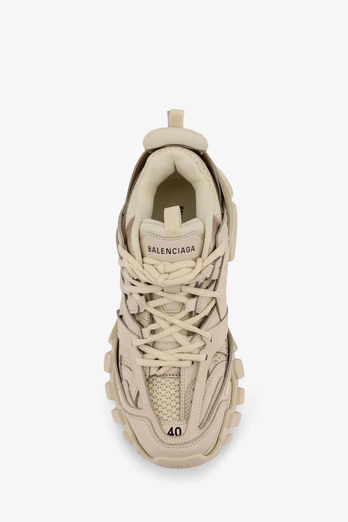 Beige Balenciaga men’s mesh and nylon track sneakers with layered leather uppers and chunky rubber sole visible branding