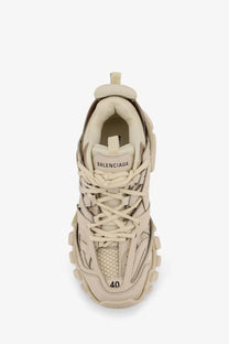 Beige Balenciaga men’s mesh and nylon track sneakers with layered leather uppers and chunky rubber sole visible branding