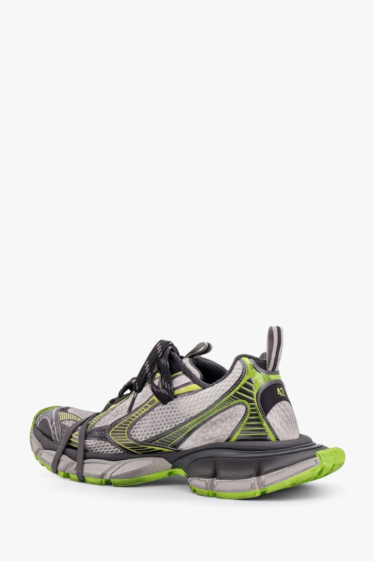 Balenciaga men’s sleek modern sneakers with gray and neon green mesh upper and black polyurethane overlays
