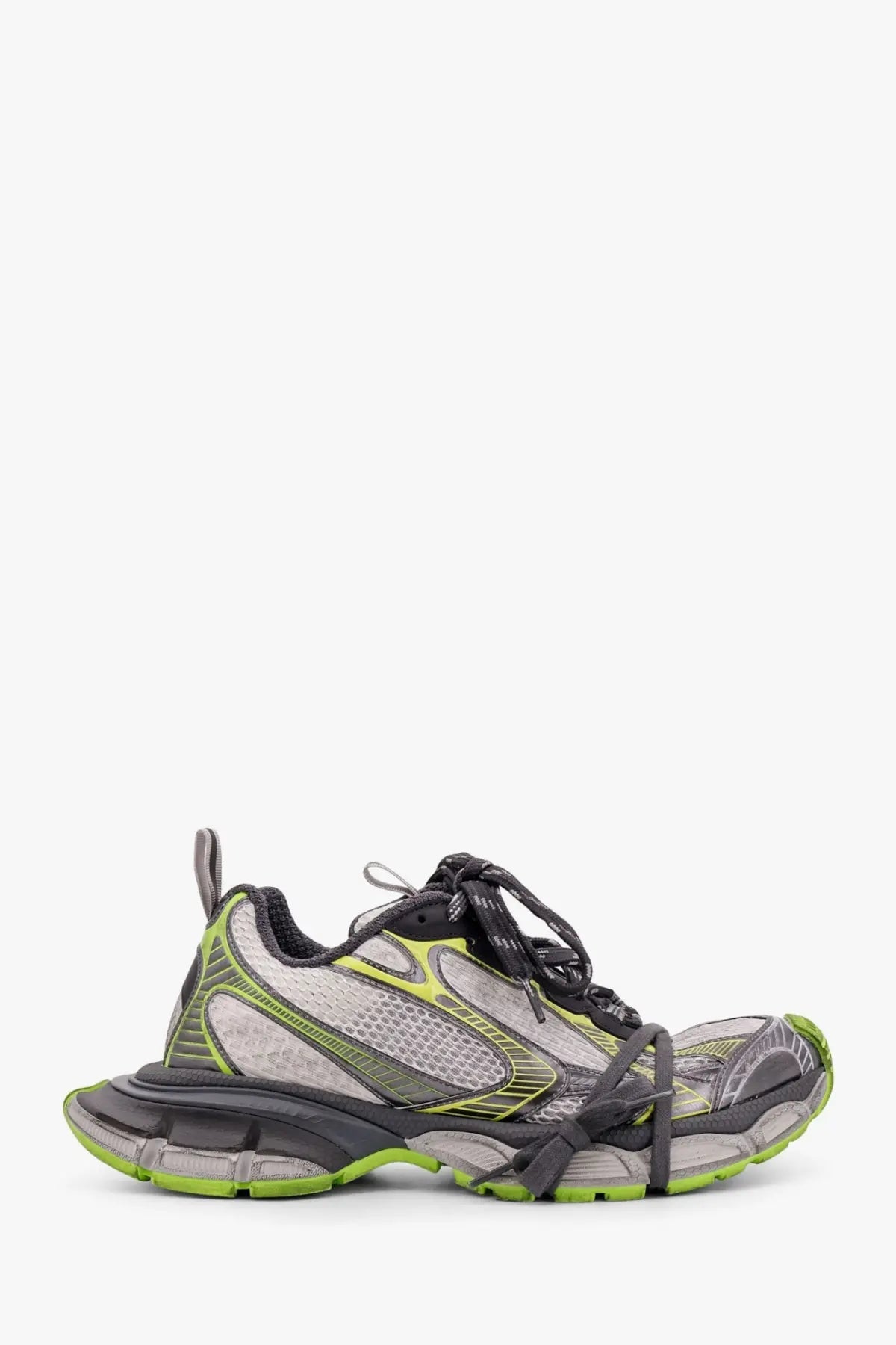 Balenciaga men’s mesh and polyurethane sneakers in vibrant lime green and gray with chunky layered sole design