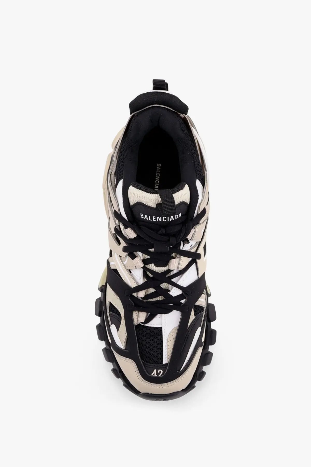 Balenciaga men’s mesh and rubber track sneaker in black and beige with a chunky layered triple s design