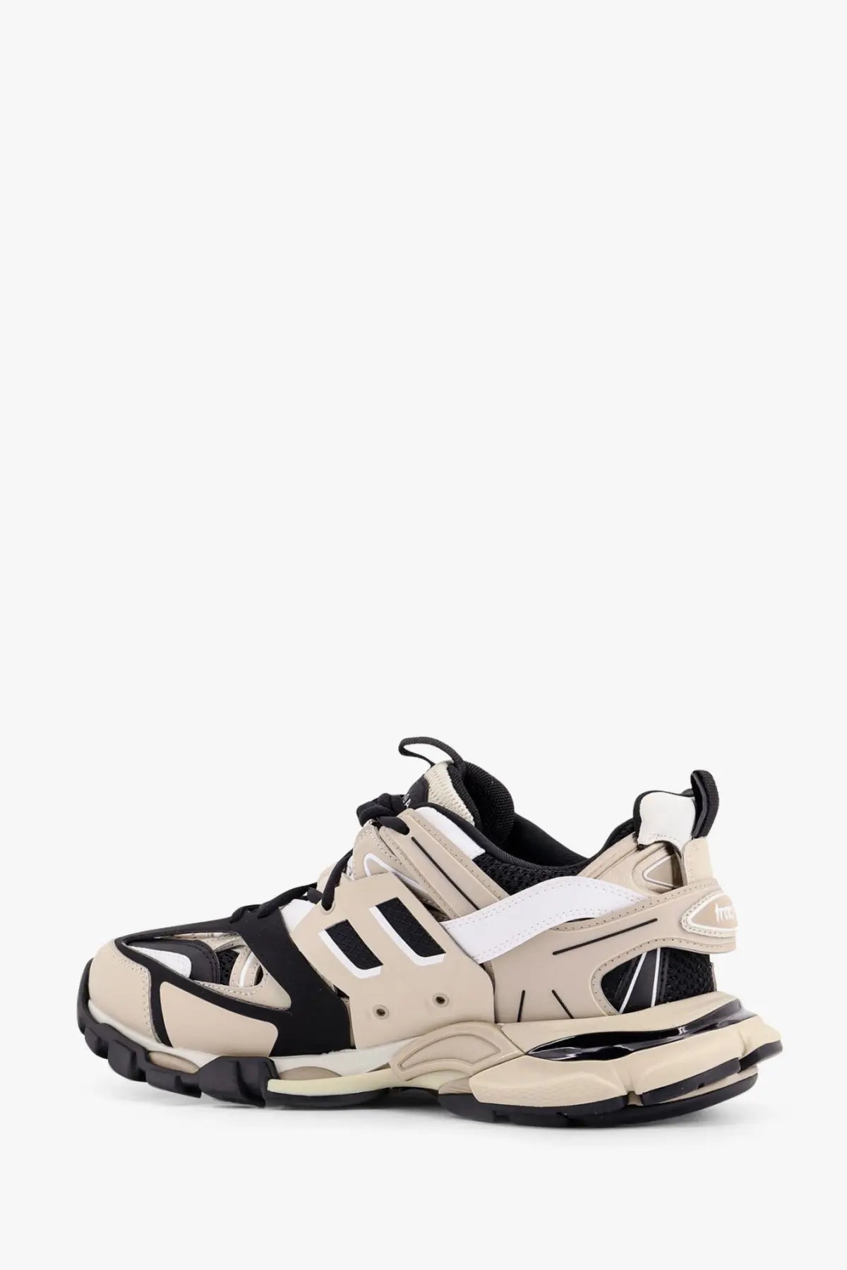 Beige and black balenciaga men’s mesh and rubber track sneakers with chunky sole and synthetic overlays