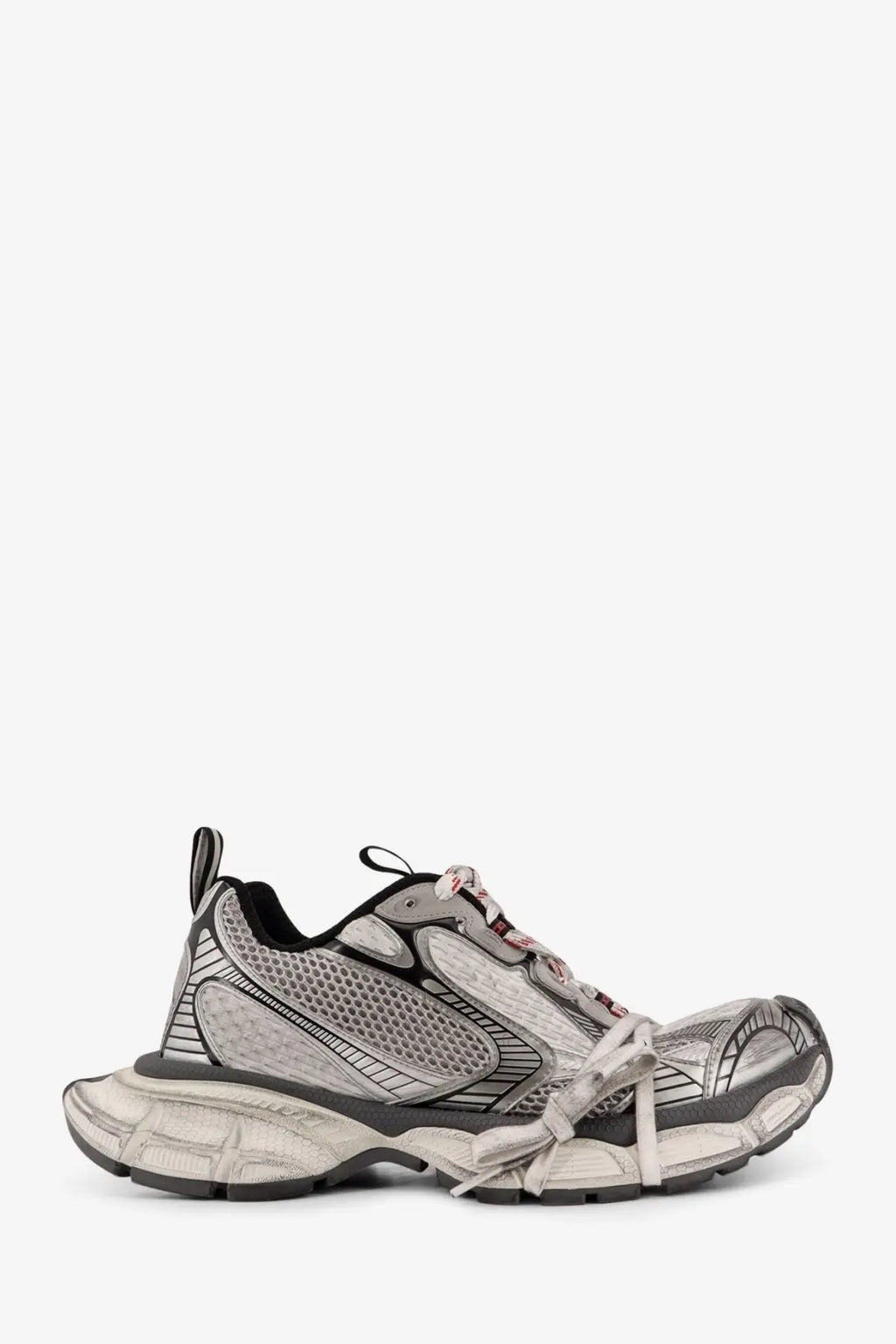 Balenciaga men’s mesh sneakers grey featuring silver and black chunky design with layered mesh panels and geometric patterns