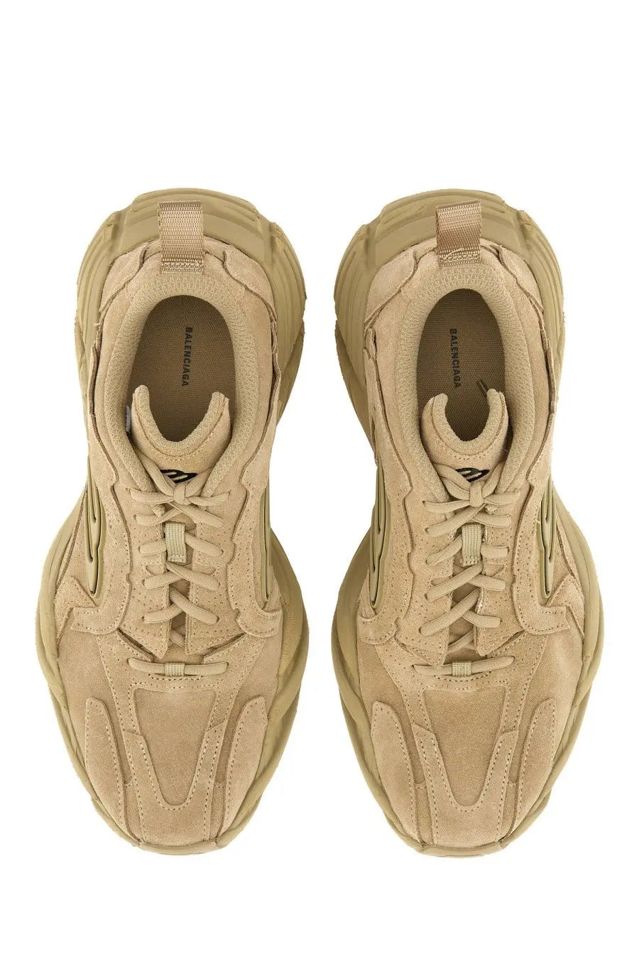 Beige suede balenciaga men’s monday shoe sneaker featuring a chunky sculpted sole and layered paneling