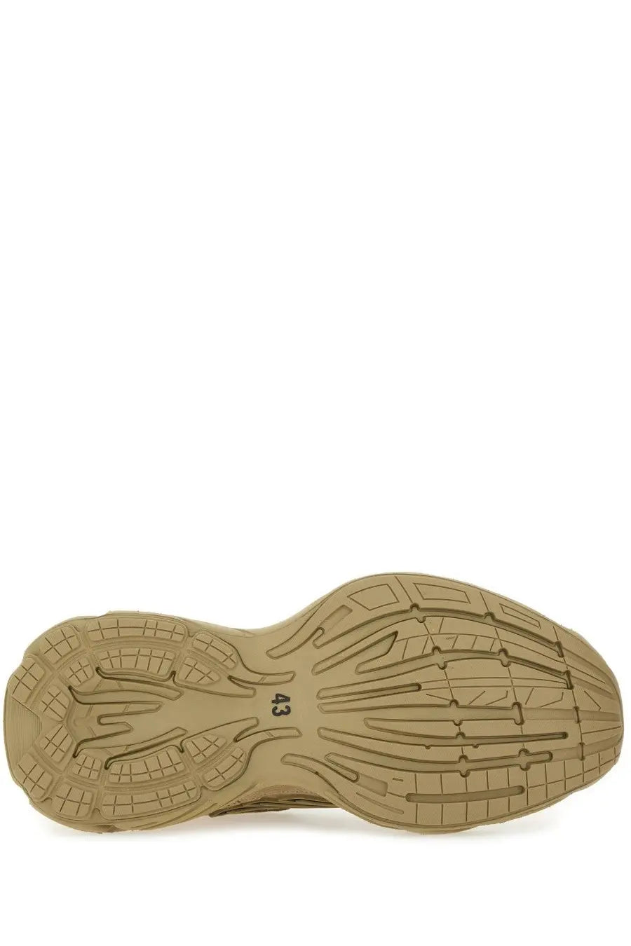 Tan rubber sole with textured geometric tread and size 43 on beige balenciaga men’s monday sneaker heel