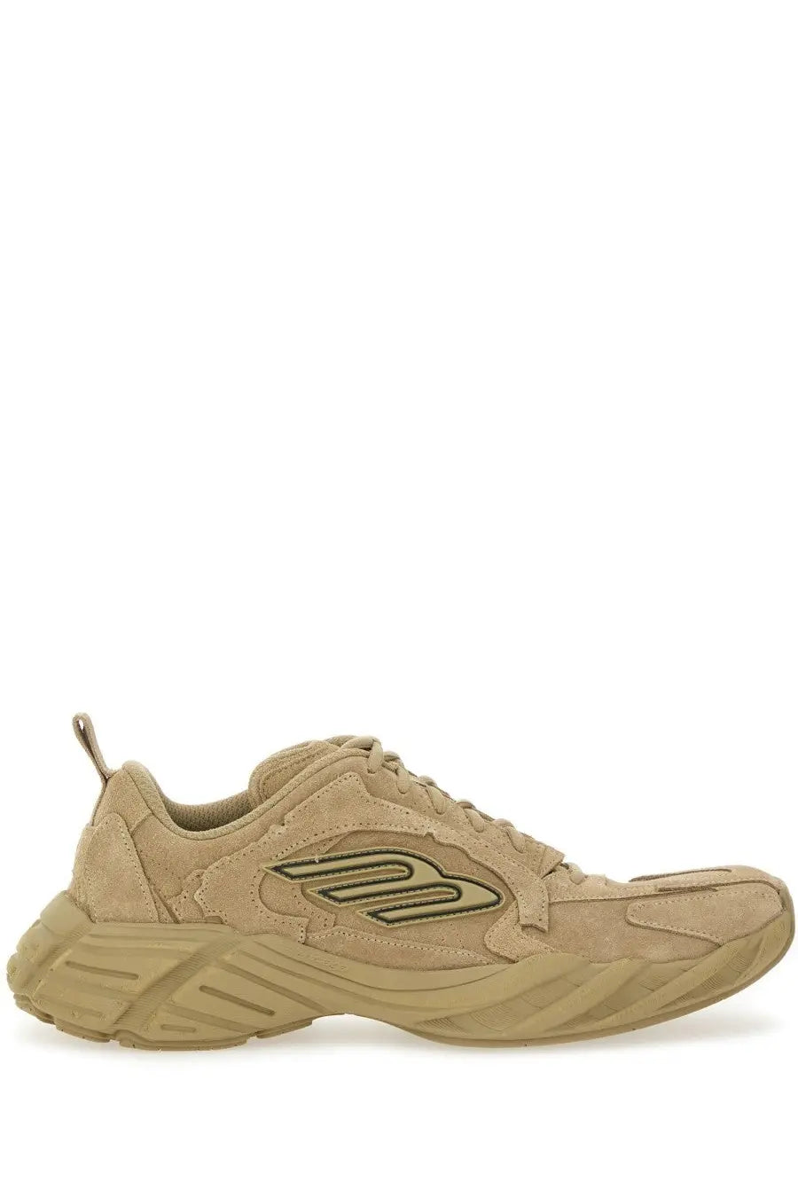 Balenciaga men’s monday shoe sneaker beige tan suede with chunky textured sole and olive green logo on the side