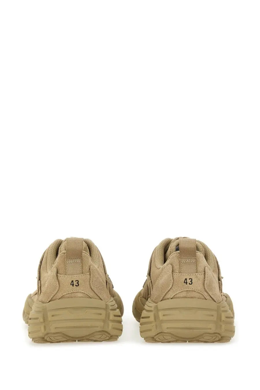 Balenciaga men’s monday shoe sneaker beige in tan suede with chunky textured rubber sole shown from the back side