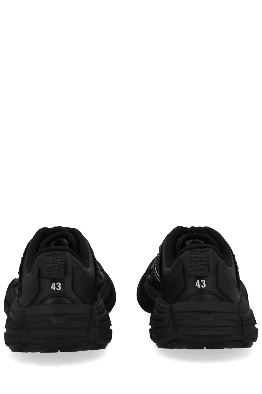 Balenciaga men’s monday shoe sneaker black with chunky textured sole and reinforced heel tab showing number 43 viewed from back