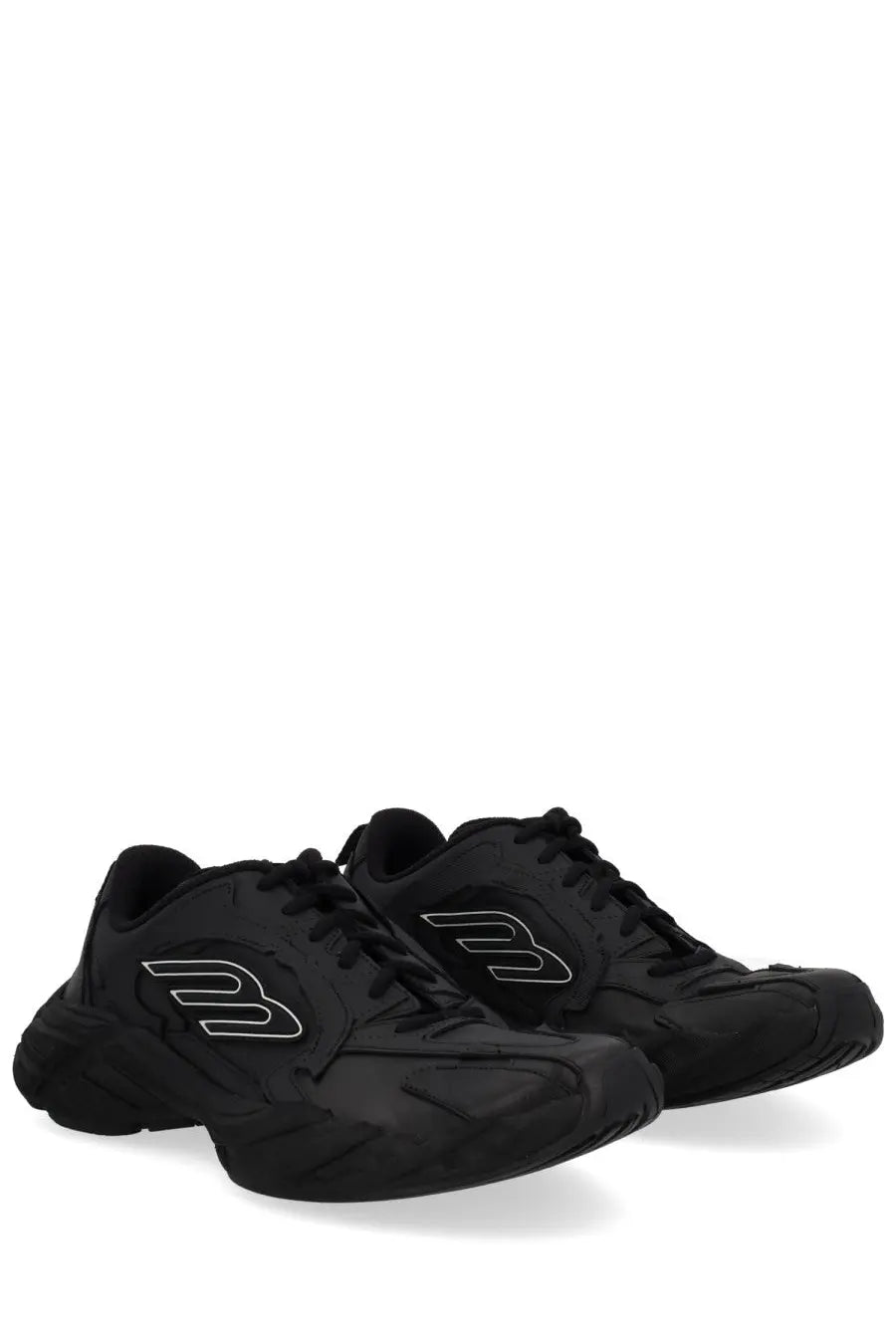 Balenciaga men’s Monday shoe sneaker black featuring bold white logo and chunky sculpted sole in leather material