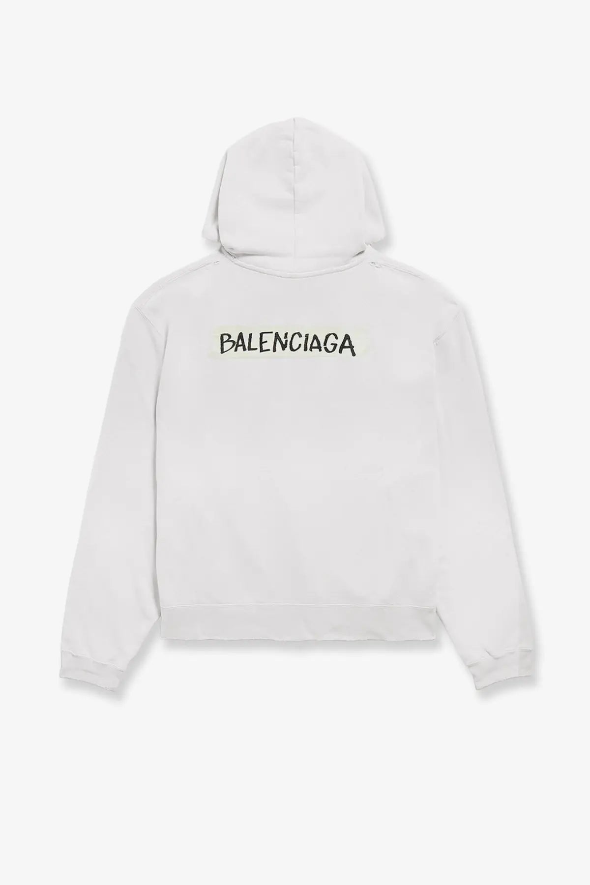 Back view of balenciaga men’s over zip up cotton sweatshirt hoodie in white with black lettering across the back