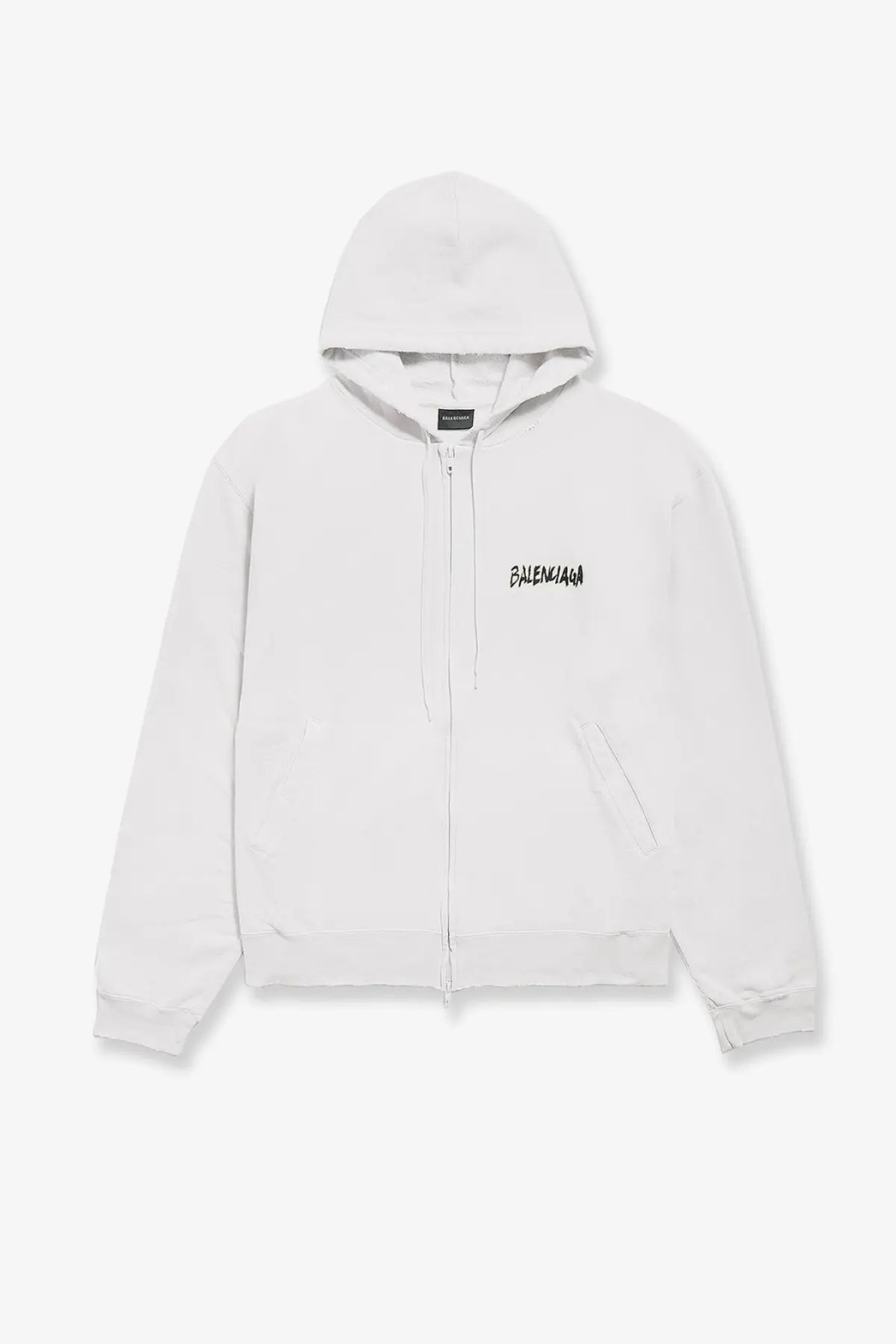 Balenciaga men’s white cotton zip-up hoodie with black embroidered logo on the chest for casual wear