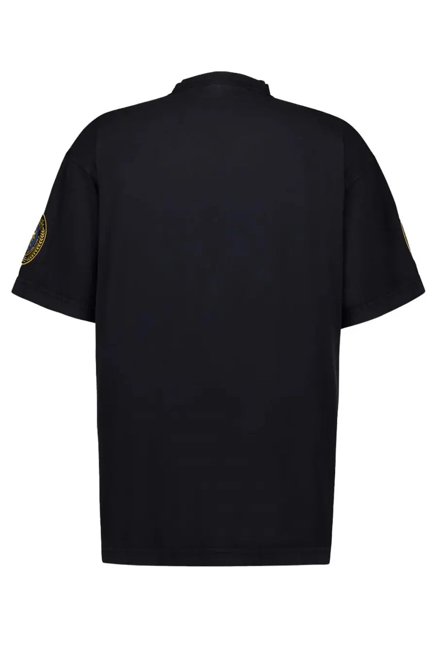 Balenciaga men’s oversize fit black short-sleeved t-shirt with gold and blue embroidered patch on left sleeve