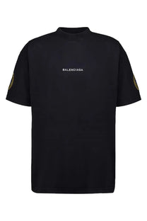 Balenciaga men’s oversize fit black t-shirt with white logo and gold embroidered sleeve details