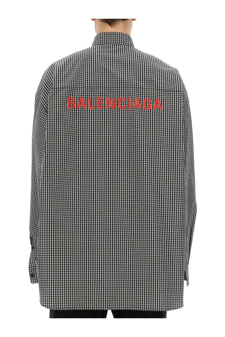 Balenciaga mens oversize fit shirt black with black and white checkered pattern and bold red lettering on the back