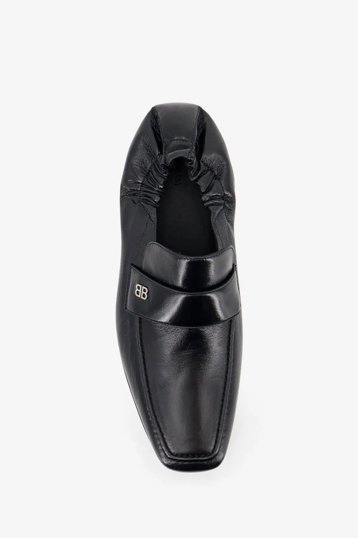 Balenciaga men’s palermo bb black patent leather loafer with sleek square toe and prominent bb logo plaque strap