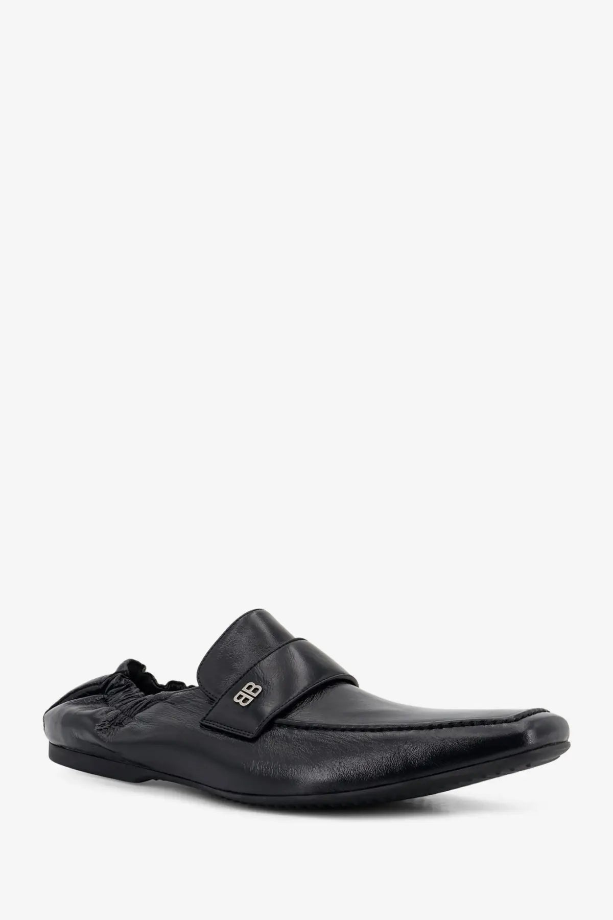 Balenciaga men’s palermo black leather slip-on loafer with minimalist design and metallic bb logo on strap