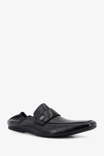 Balenciaga men’s palermo black leather slip-on loafer with minimalist design and metallic bb logo on strap