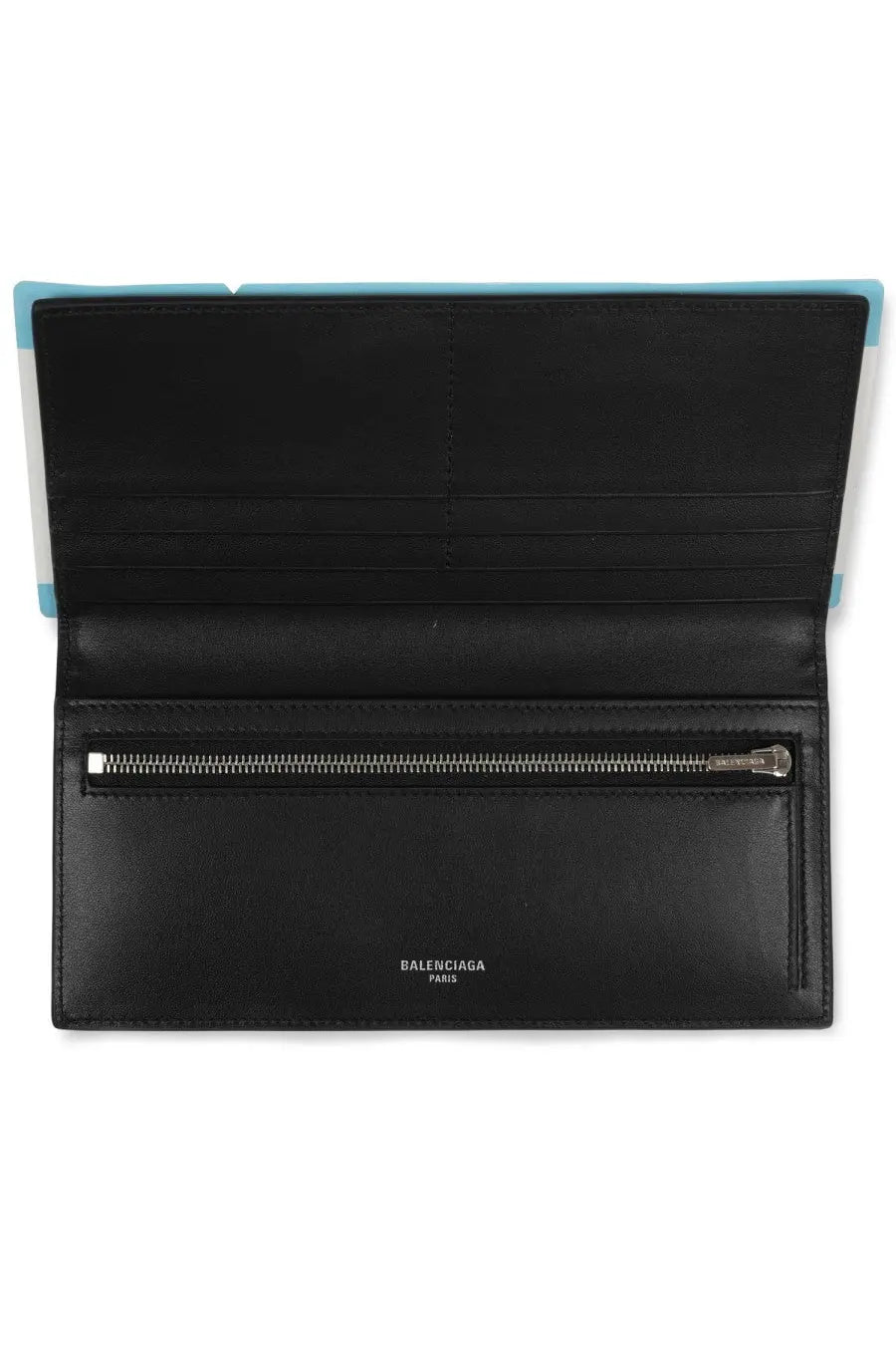 Balenciaga mens passport wallet blue black leather with silver zipper and light blue interior lining