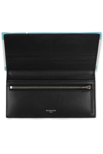 Balenciaga mens passport wallet blue black leather with silver zipper and light blue interior lining
