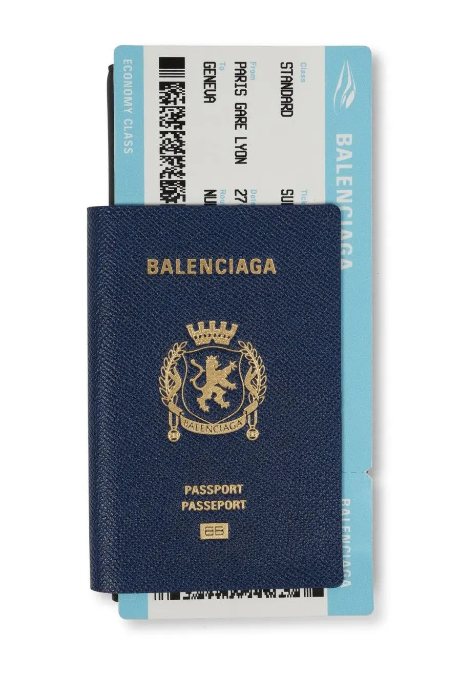 Balenciaga men’s passport wallet in navy blue textured leather with gold embossed logo and text