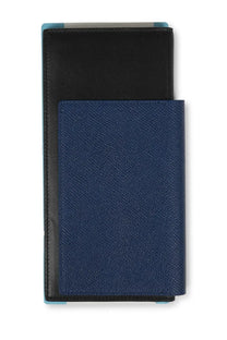 Navy blue textured leather Balenciaga men’s passport wallet with black accents for travel and identification storage