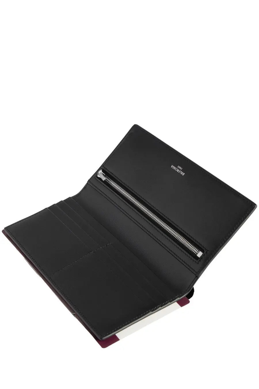 Balenciaga men’s passport wallet grey black leather with silver zipper and burgundy interior lining