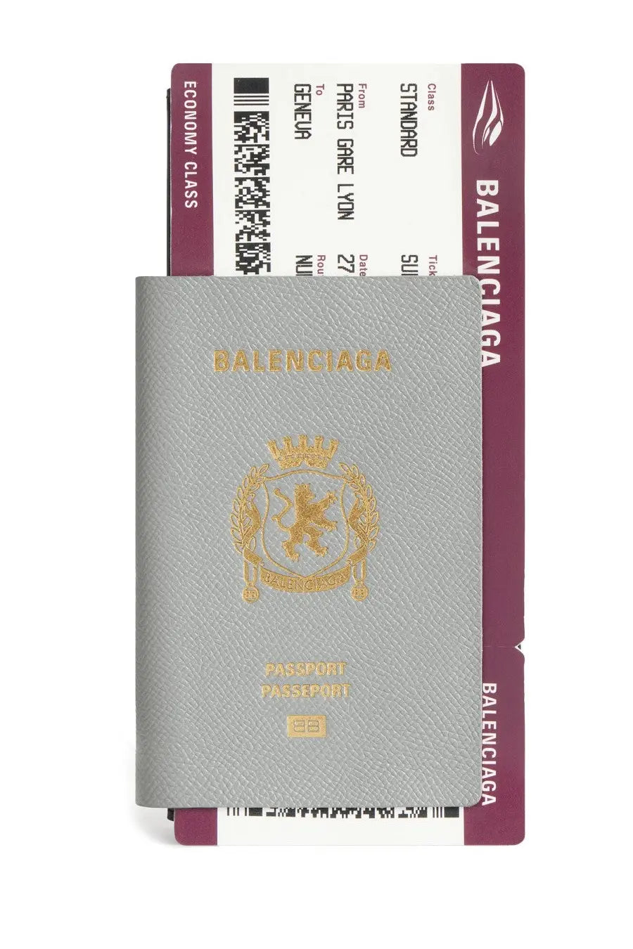 Balenciaga men’s passport wallet grey textured leather with gold embossed logo and branding on the front side