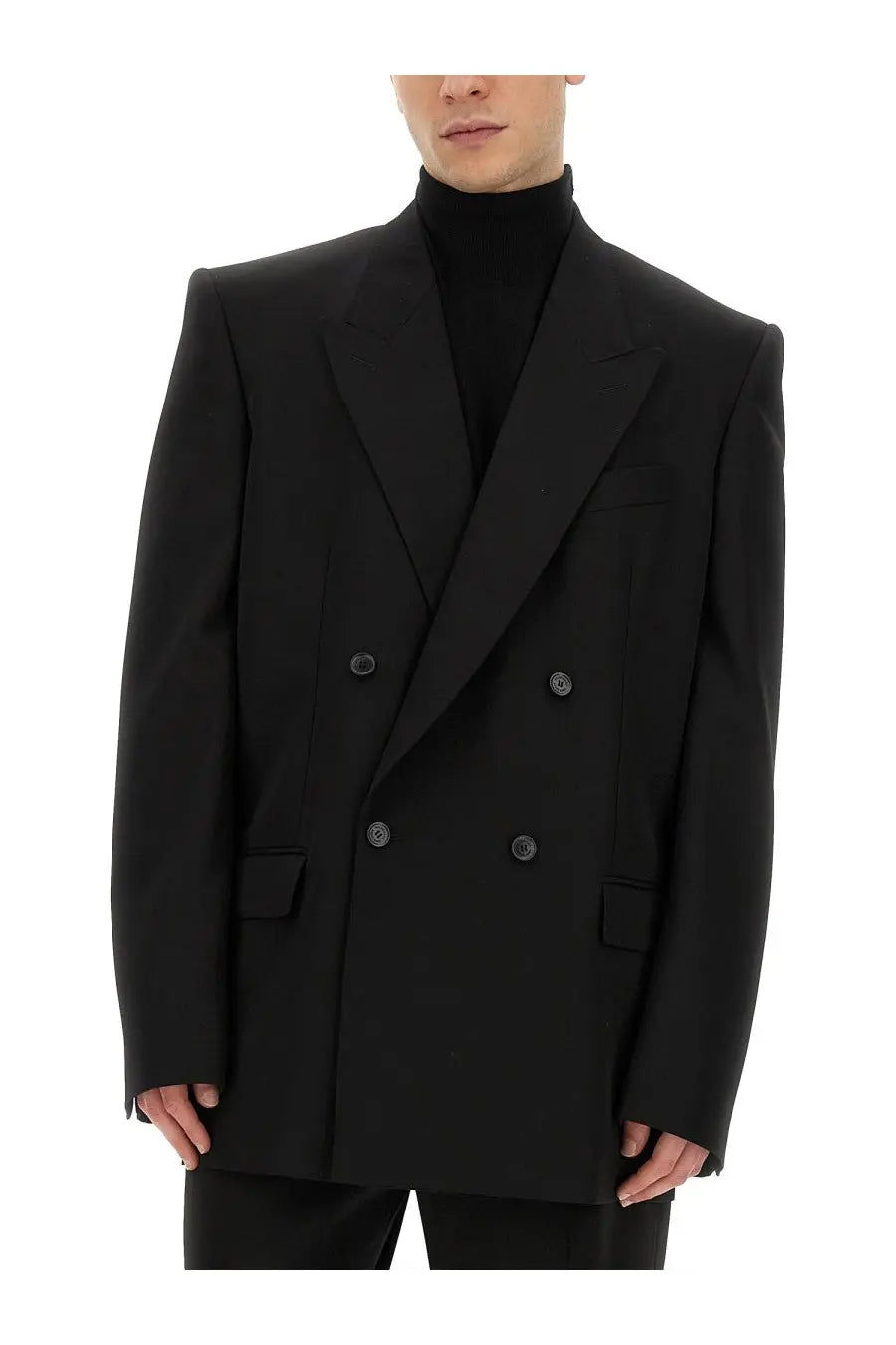 Balenciaga men’s regular fit black double-breasted blazer with structured shoulders and matte black buttons