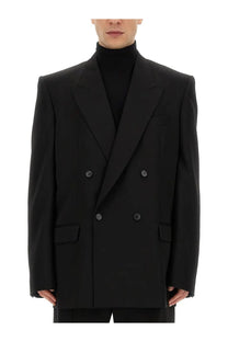 Balenciaga men’s regular fit black suit jacket with structured shoulders and silver toned double-breasted buttons