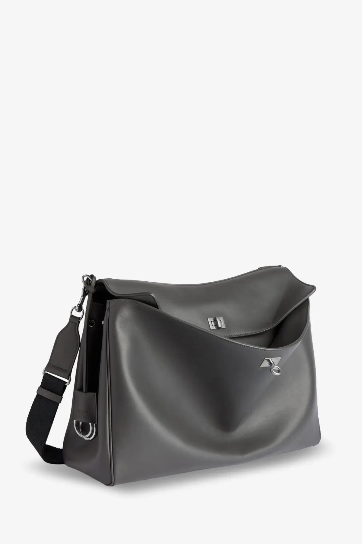 Balenciaga men’s rodeo messenger leather crossbody bag in sleek dark gray with minimalist design and silver-toned hardware