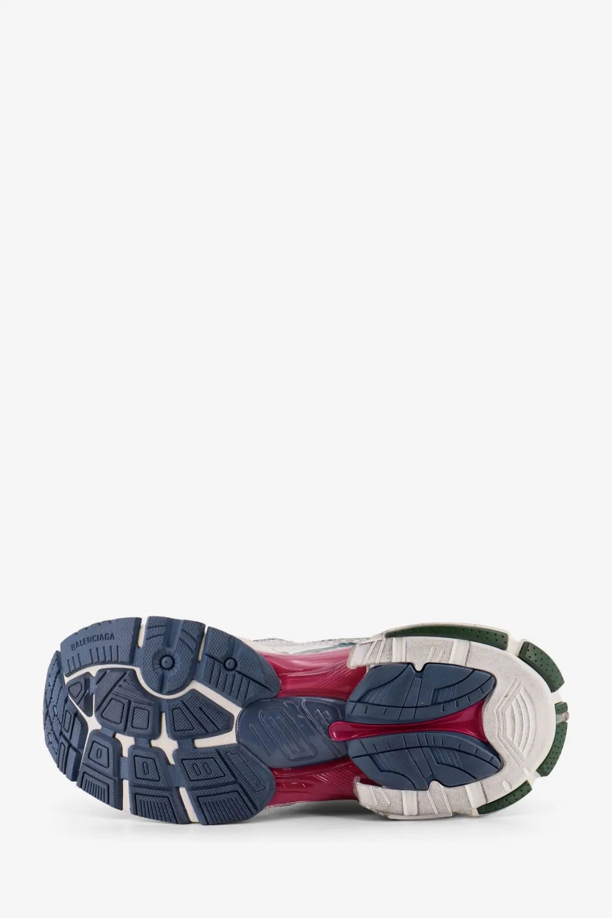 Balenciaga men’s runner low top mesh sneaker with bold color-blocked navy blue, translucent red, and white rubber sole