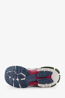 Balenciaga men’s runner low top mesh sneaker with bold color-blocked navy blue, translucent red, and white rubber sole