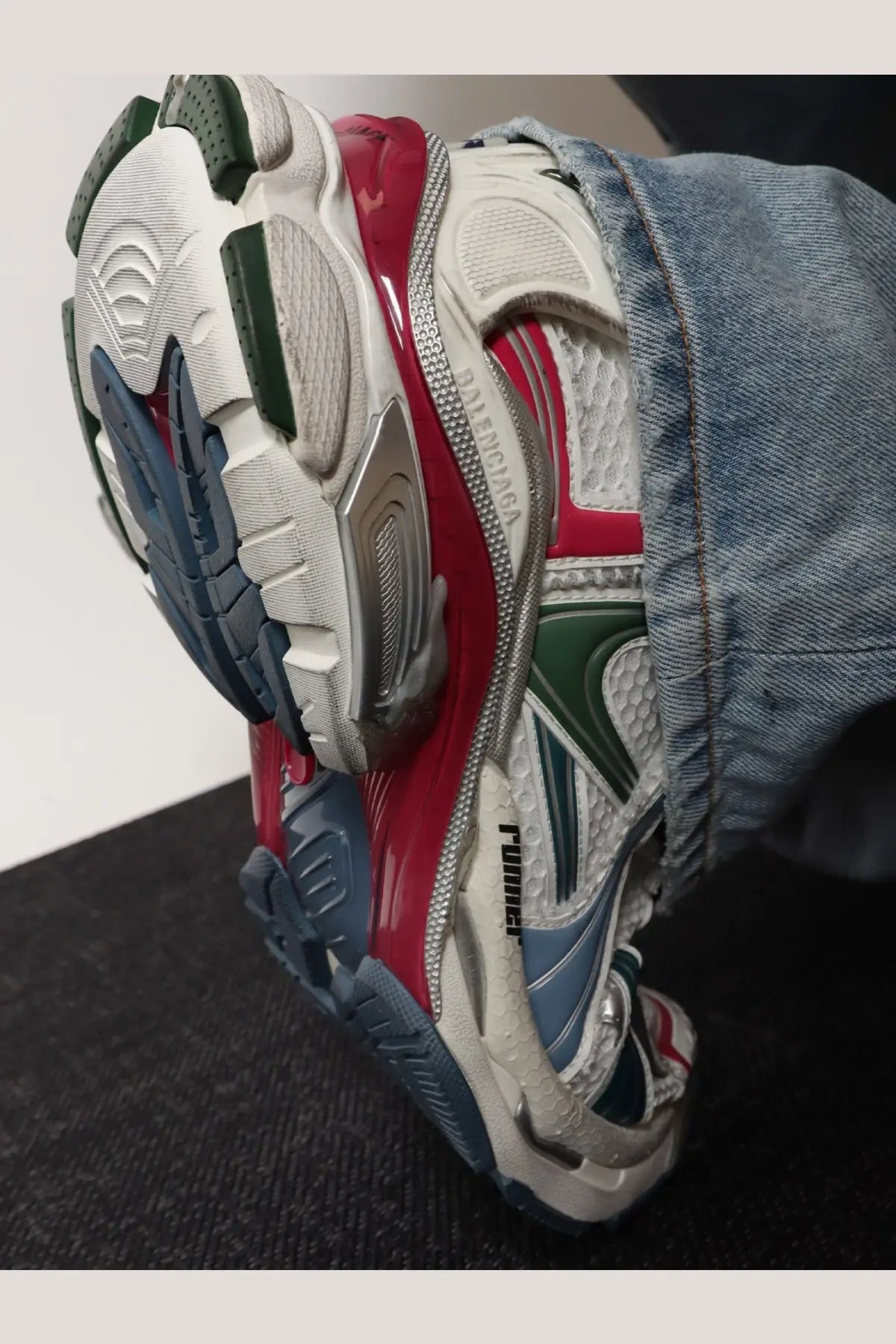 Balenciaga men’s runner low top mesh sneaker in white red and green with mesh and synthetic overlays