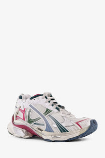 Balenciaga men’s runner low top mesh sneaker in white pink and green with layered design and breathable upper