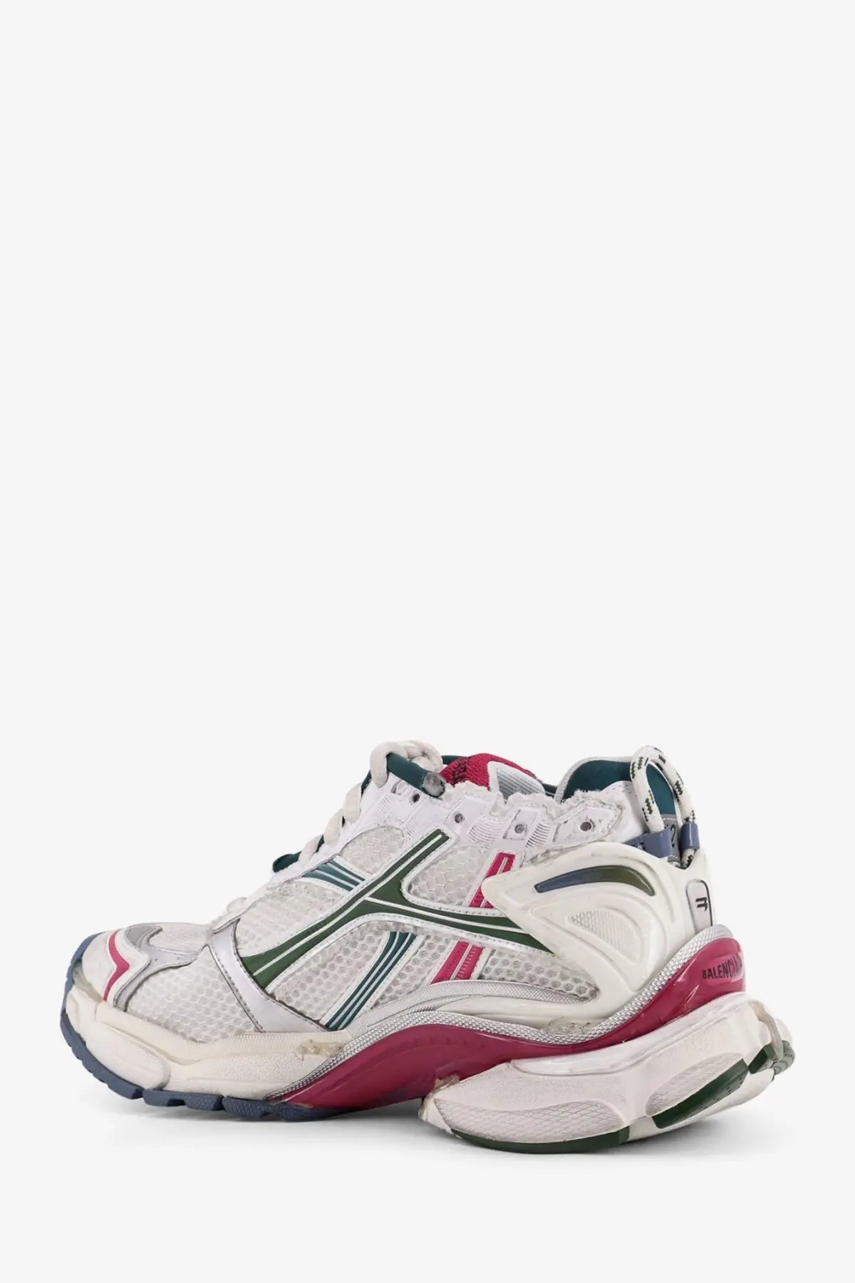 Balenciaga men’s runner low top mesh sneakers in white pink and green with chunky sole and breathable upper