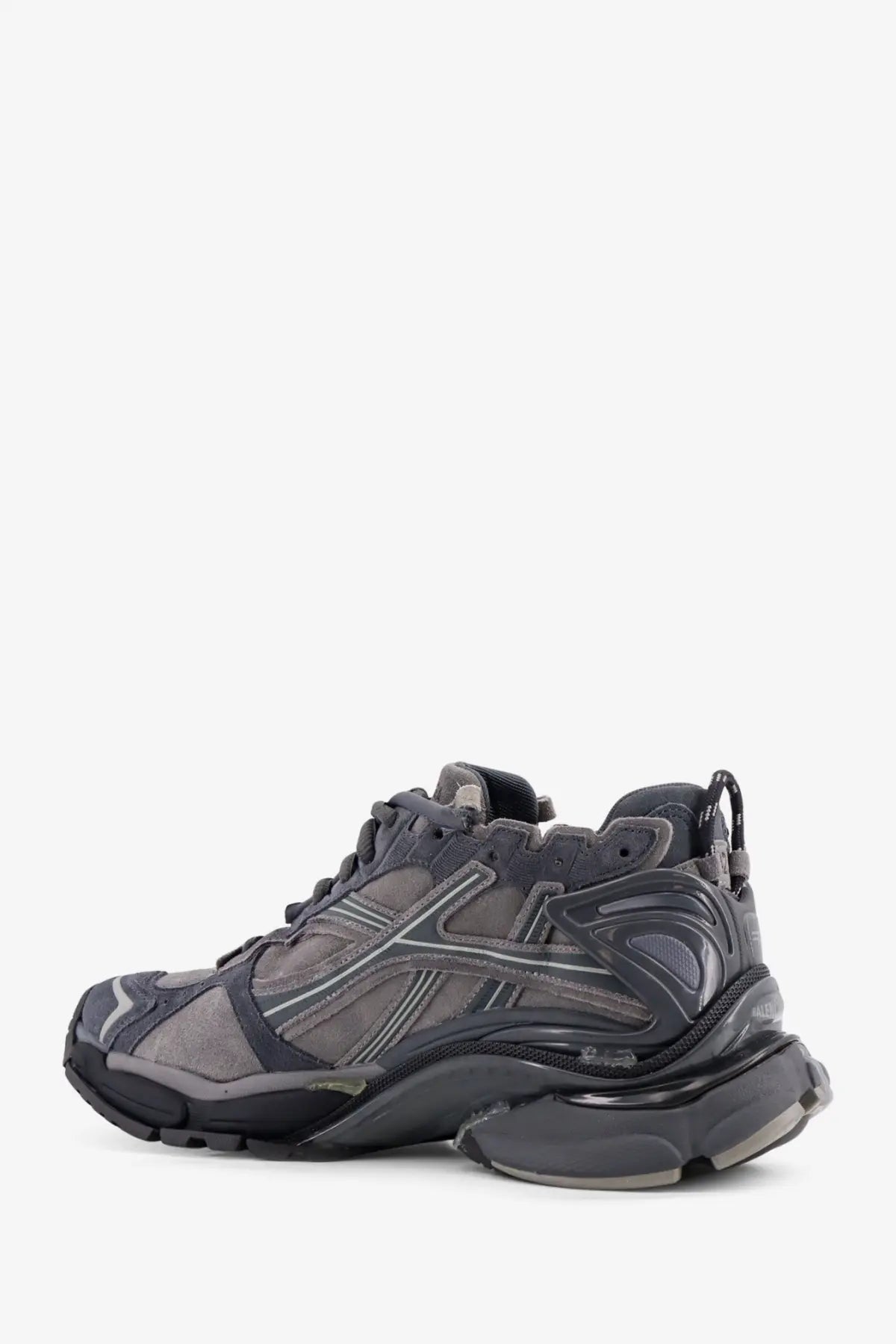 Balenciaga men’s runner low top suede sneakers grey with dark gray chunky layered sole and mixed suede mesh materials