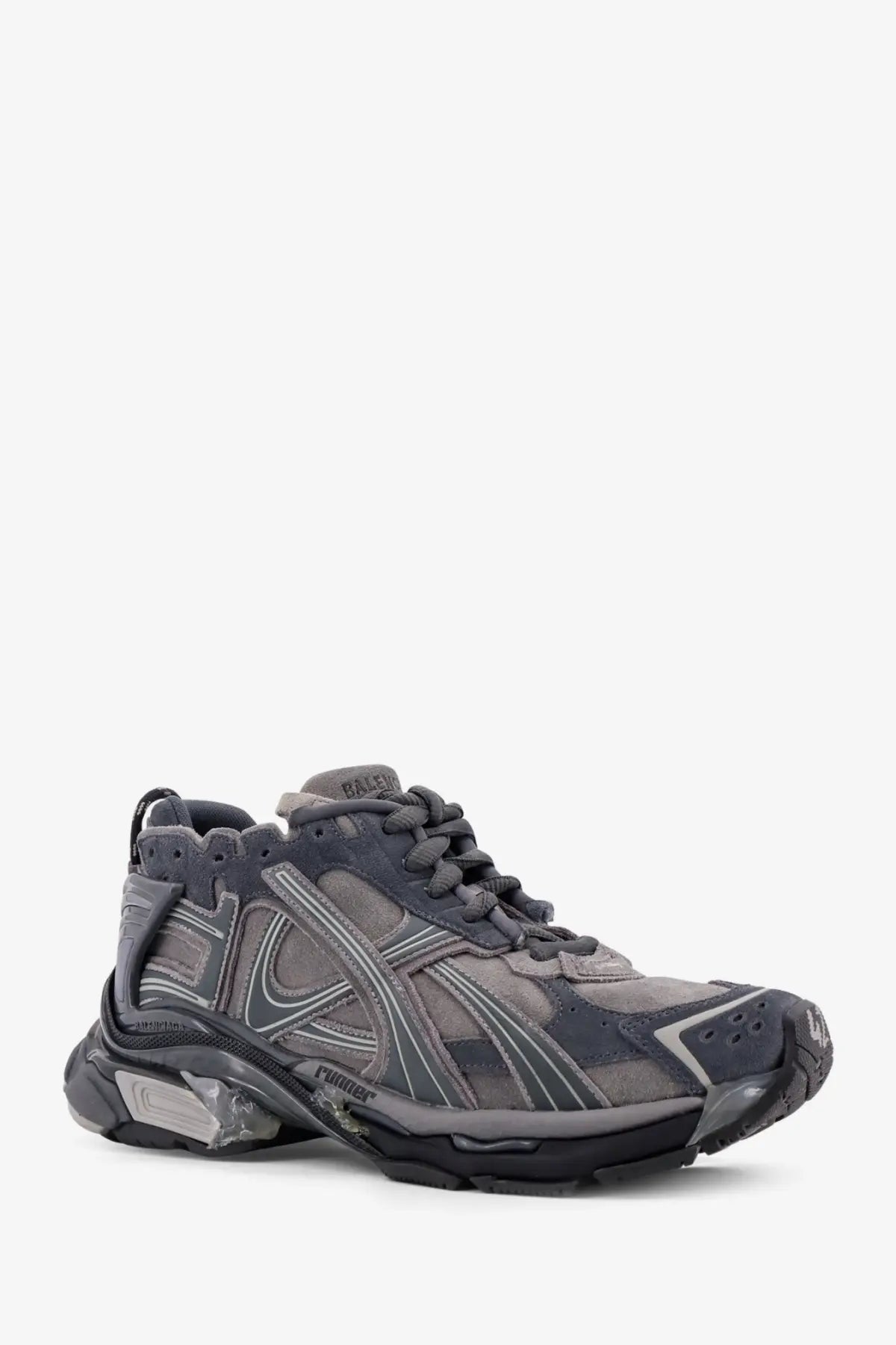 Balenciaga men’s runner low top suede sneakers grey with gray and black chunky layered mesh and suede design