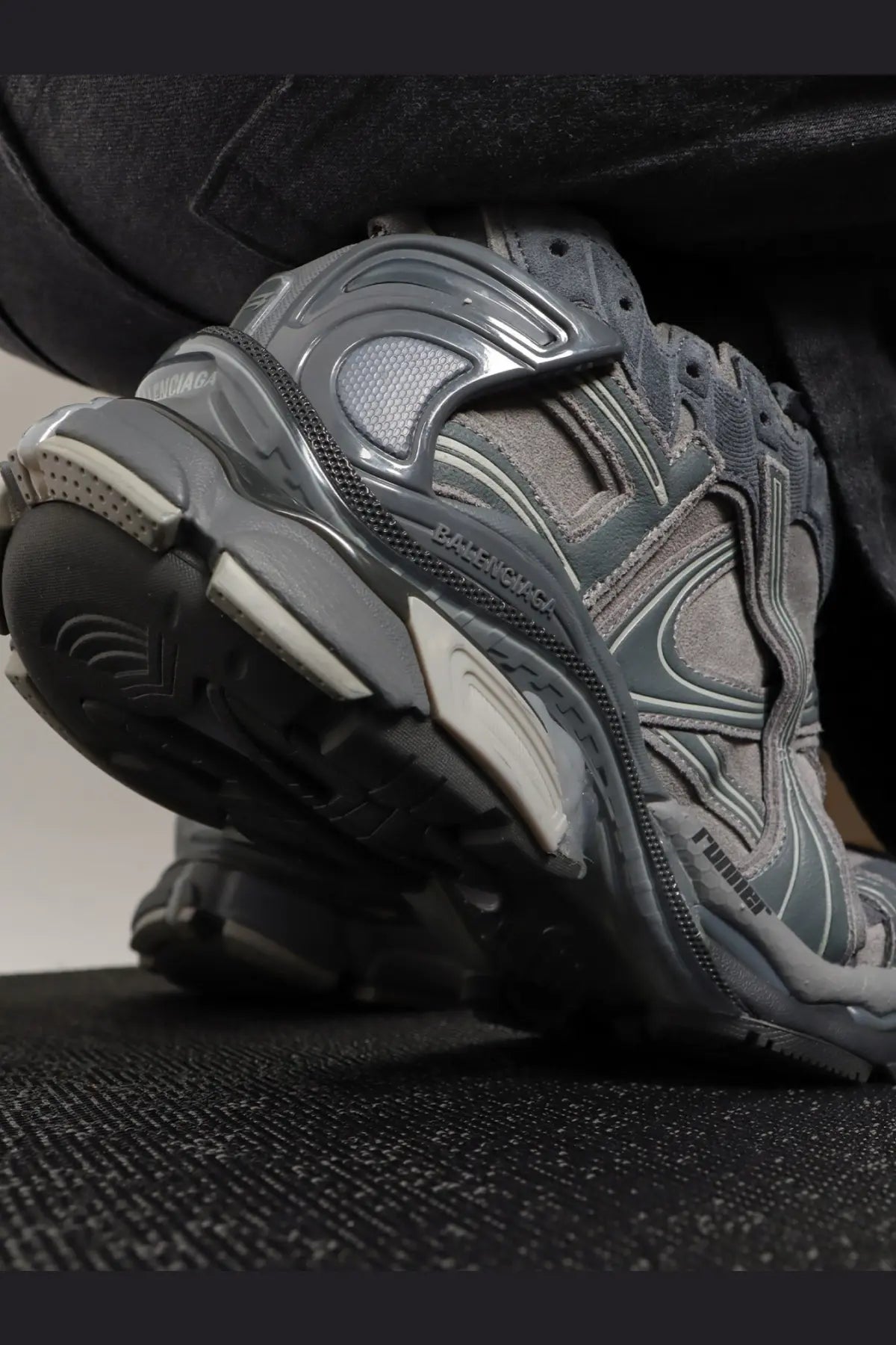 Balenciaga men’s runner low top suede sneakers in grey featuring gray and black triple s chunky mesh design