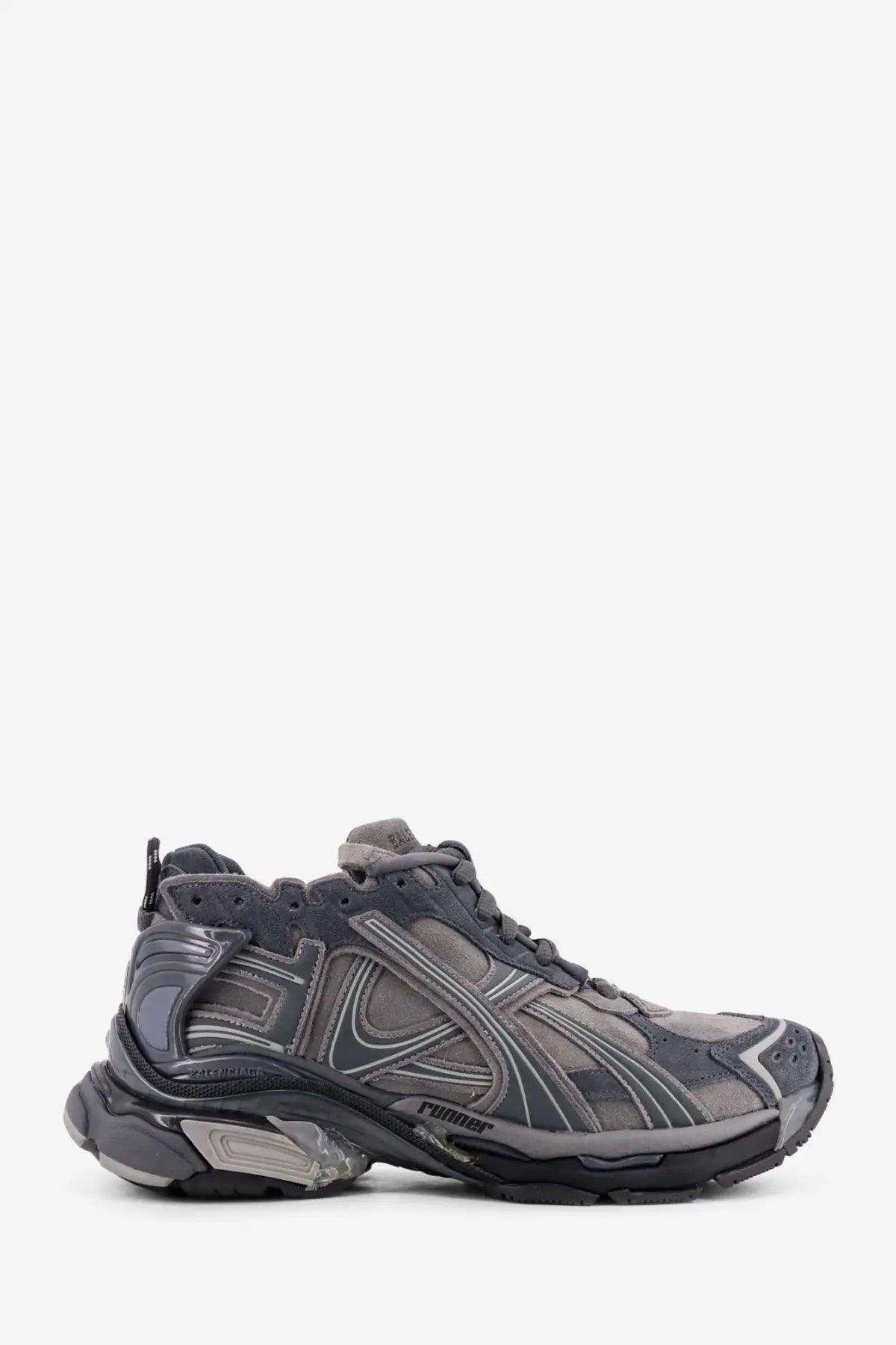Balenciaga men’s runner low top suede sneakers grey with gray and black triple s chunky layered design and translucent overlays