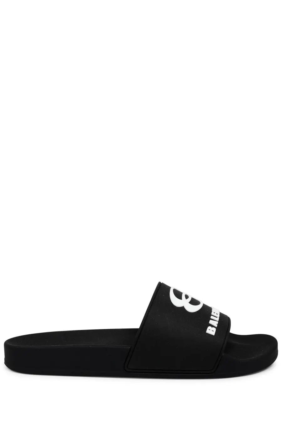 Balenciaga men’s black rubber slide sandal with white logo and stylized b emblem on the strap