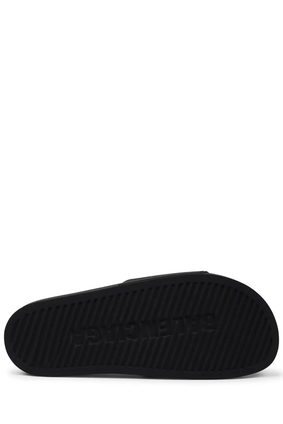 Black rubber sole of balenciaga men’s slip on sandal with embossed branding in black