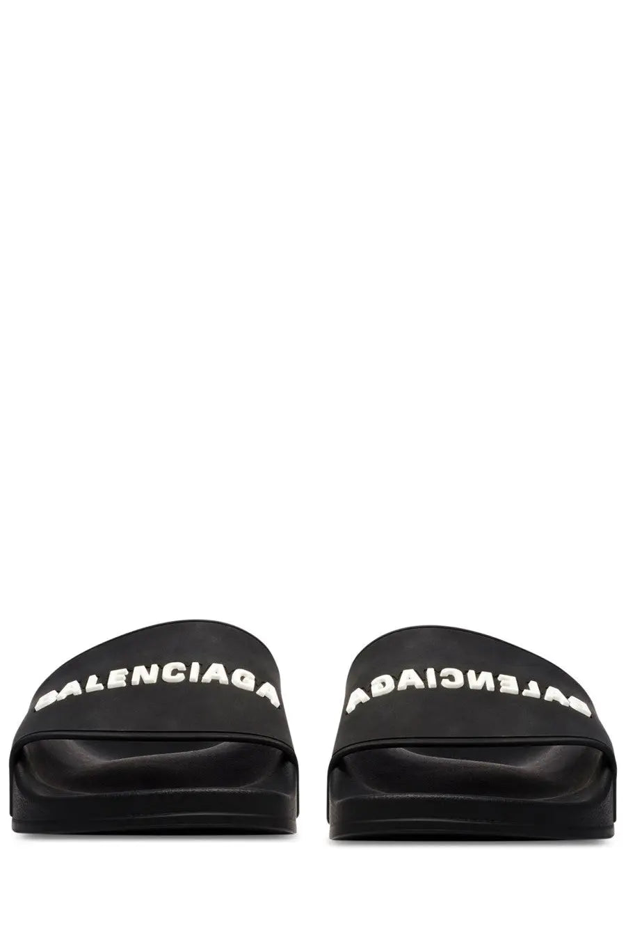 Balenciaga men’s slip on black slide sandals with bold white logo branding across the top for casual wear