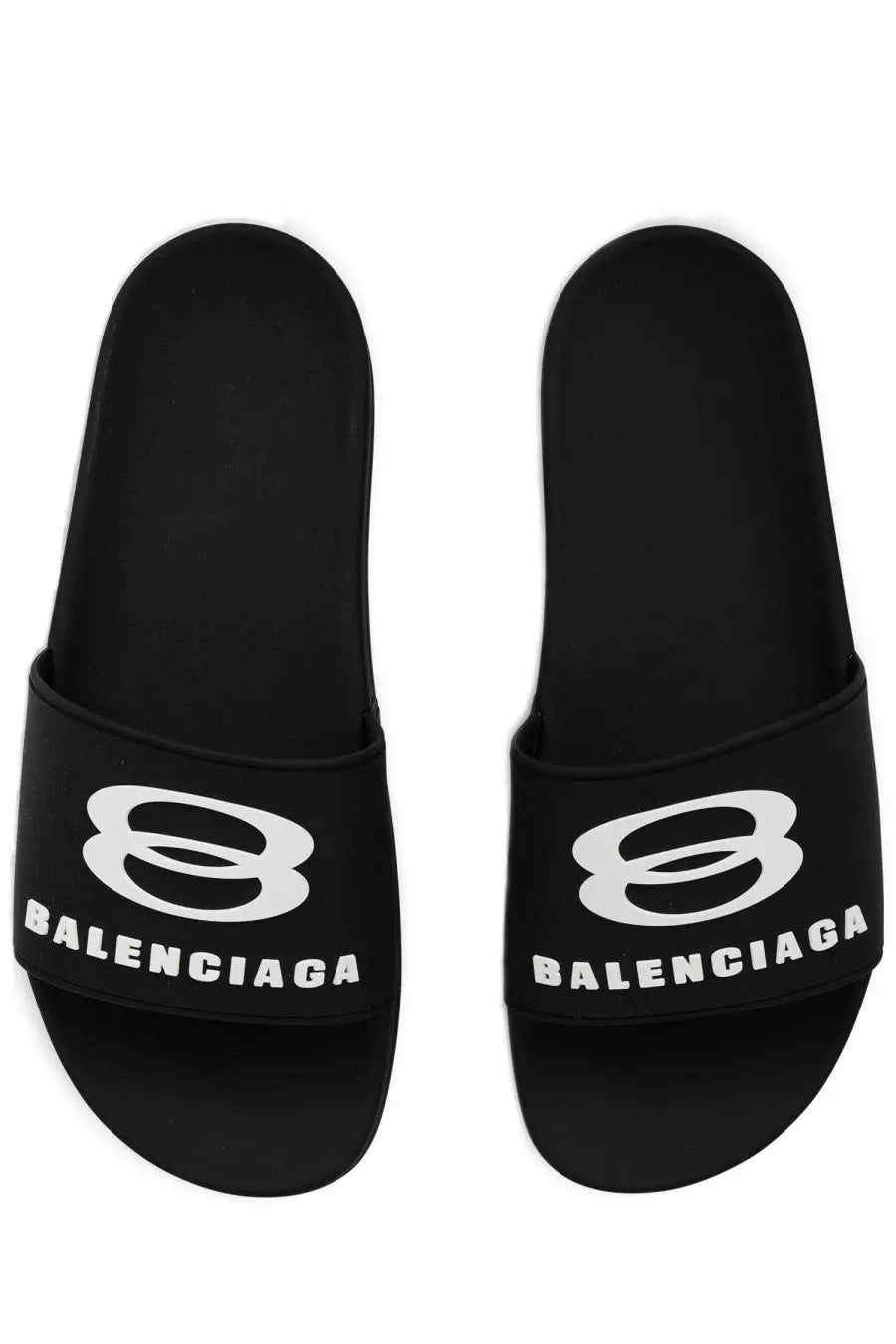 Balenciaga men’s black slide sandals with bold white logo and brand name on the strap