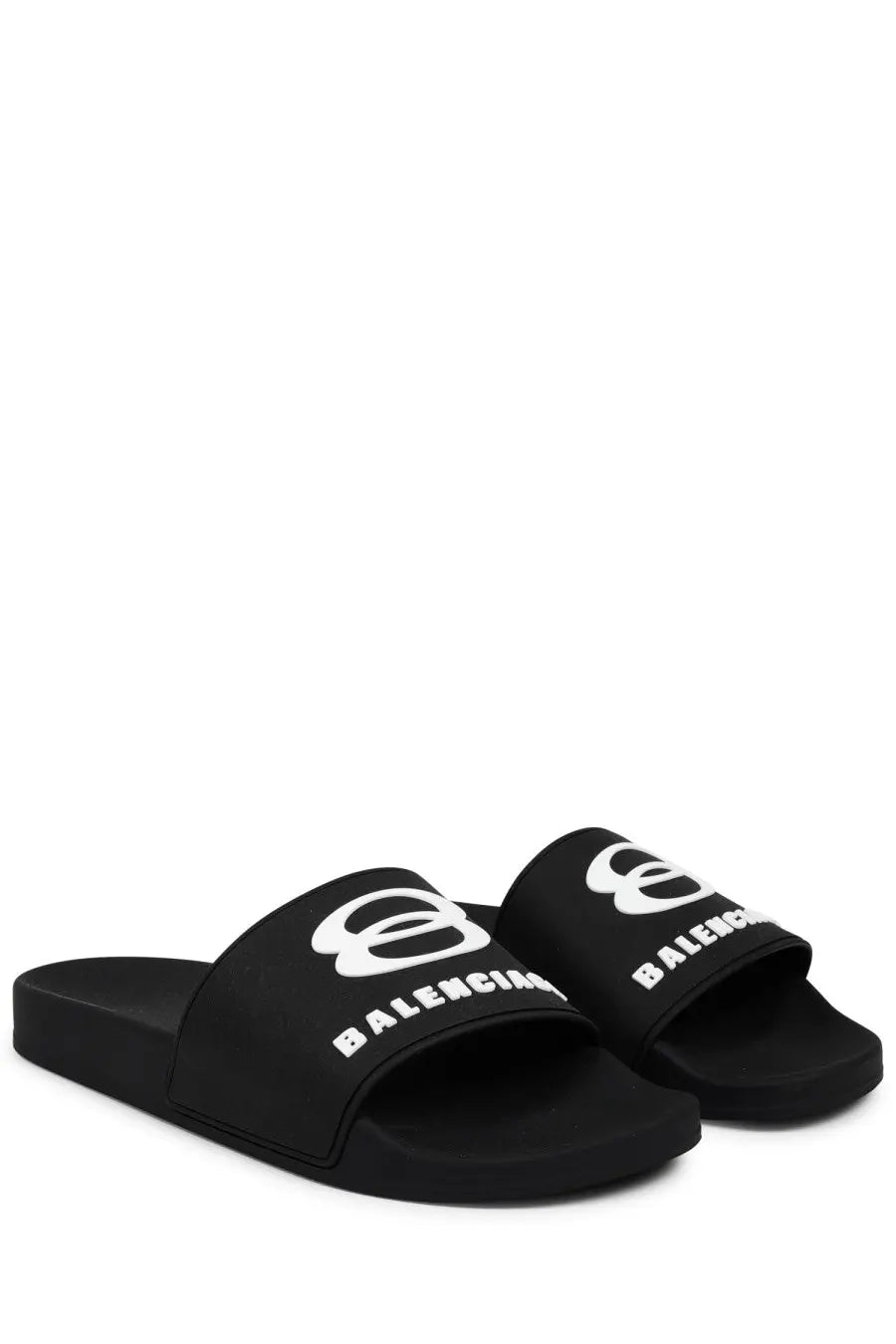Balenciaga men’s slip on sandal black with white logo branding in a sleek slide design