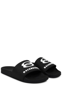Balenciaga men’s slip on sandal black with white logo branding in a sleek slide design
